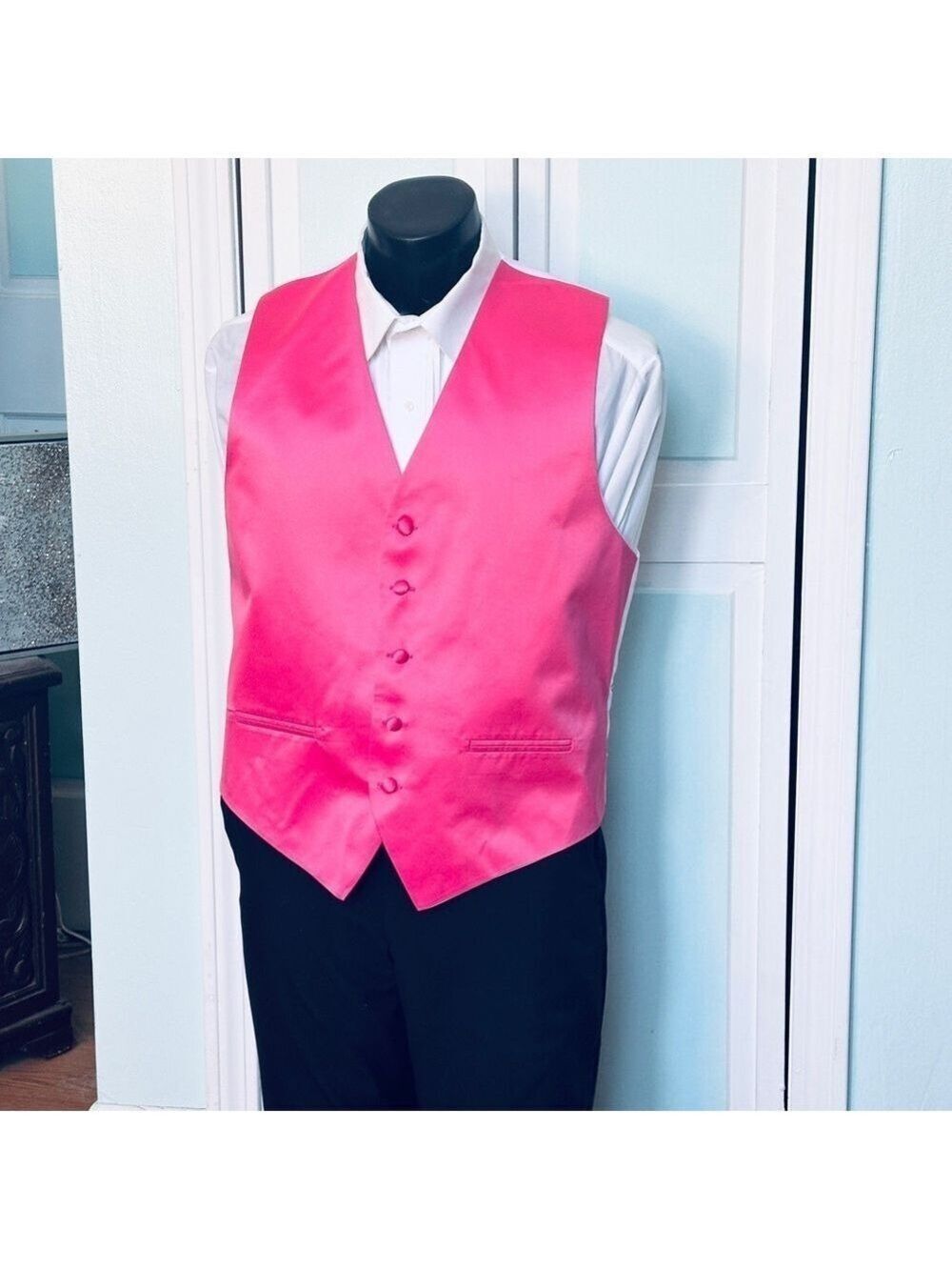 Bubblegum Hot Pink Fuchsia Satin Closed Back Vest Wedding Prom Men’s M Medium